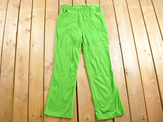 Vintage 1970s Neon Green Flared Trousers Size 32 x 29 / 70s Pants / Contrast Stitching / True Vintage Sears / Slacks / Polyester Trousers