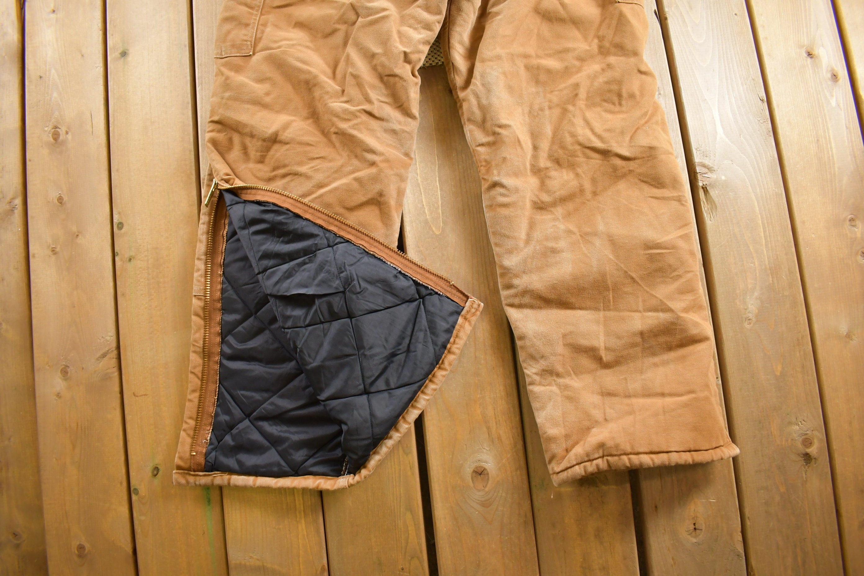 Vintage 1990s Carhartt Beige Double Knee Canvas Quilted Overalls Size 38 x 30.5