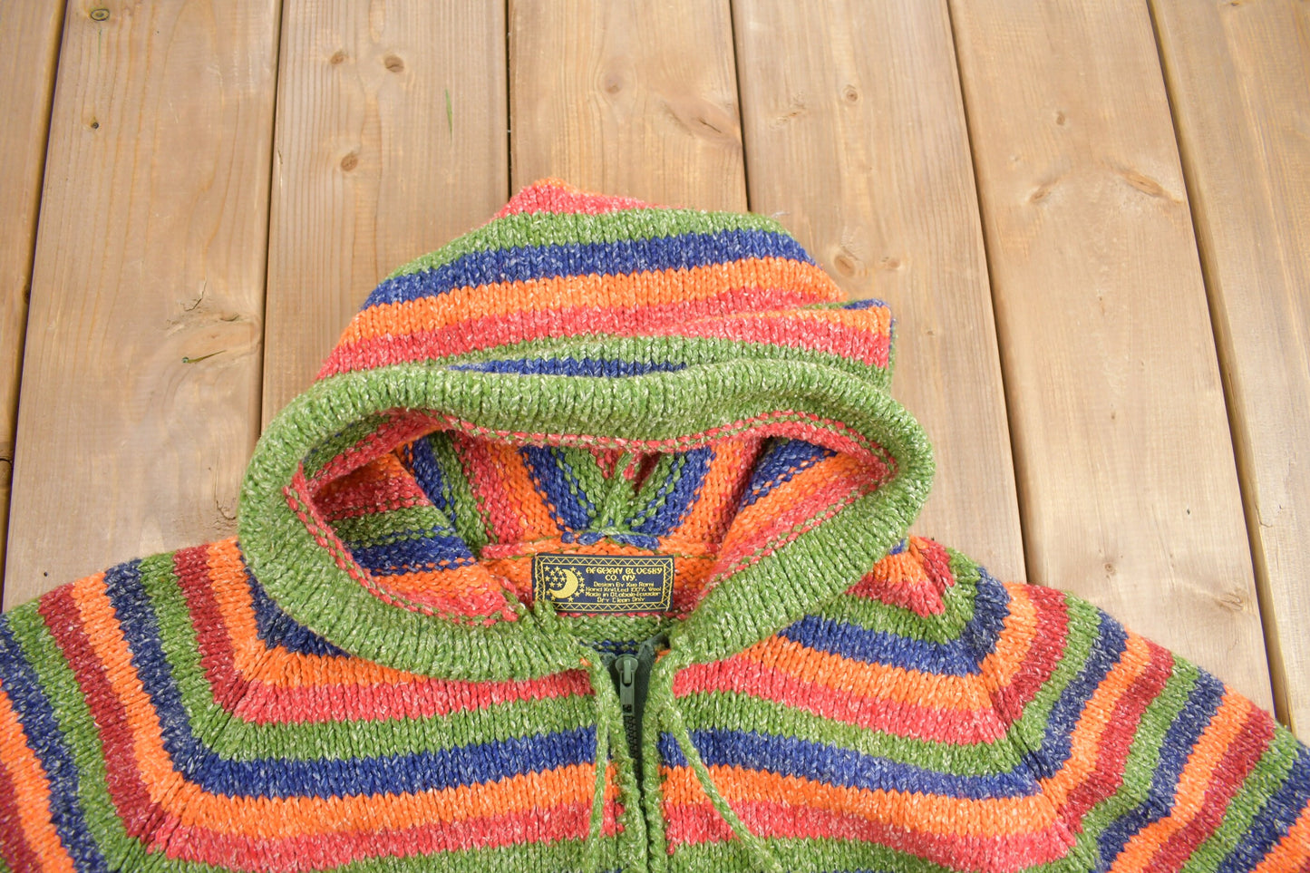 Vintage 1990s Rainbow Striped Wool Knit Zip Up Hoodie / Wool Sweater / Cone Hood / Abstract Knit / Trippy Sweater