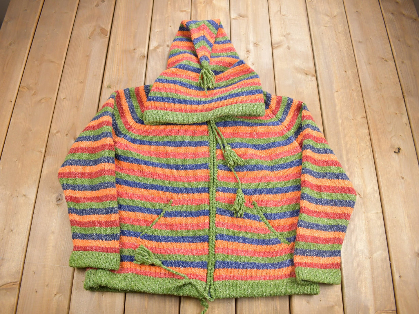 Vintage 1990s Rainbow Striped Wool Knit Zip Up Hoodie / Wool Sweater / Cone Hood / Abstract Knit / Trippy Sweater