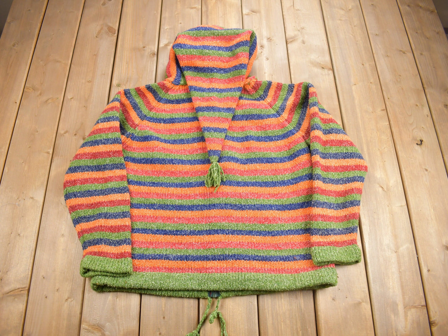 Vintage 1990s Rainbow Striped Wool Knit Zip Up Hoodie / Wool Sweater / Cone Hood / Abstract Knit / Trippy Sweater