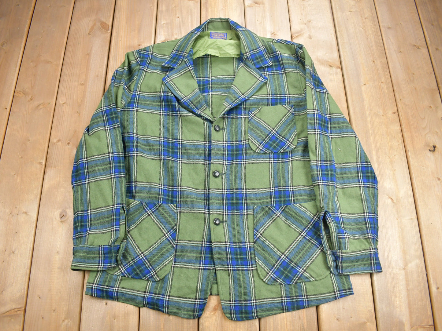 Vintage 1970s Pendleton Plaid Button Up Blazer Jacket Size L / 100% Virgin Wool / True Vintage / Made In USA / Flannel