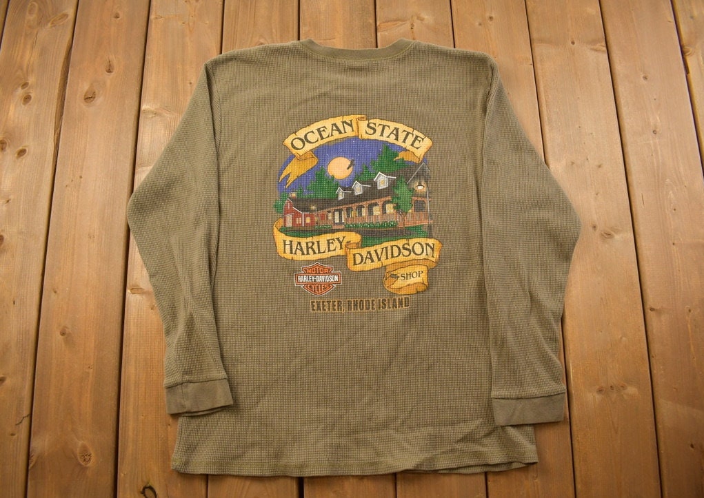 Vintage 1990s Ocean State Harley Davidson Waffle Long Sleeve Sweatshirt