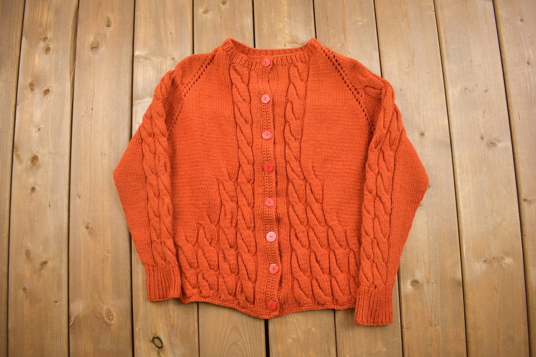 Vintage 1980s Cable Knit Knitted Cardigan Sweater / Vintage Cardigan / Button Up / Abstract Pattern