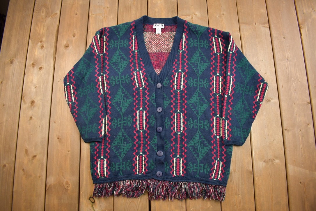 Vintage 1980s Avon Style Knitted Cardigan Sweater / Aztec / Abstract / Striped / Vintage Cardigan / Button Up / Made in USA / Carpet