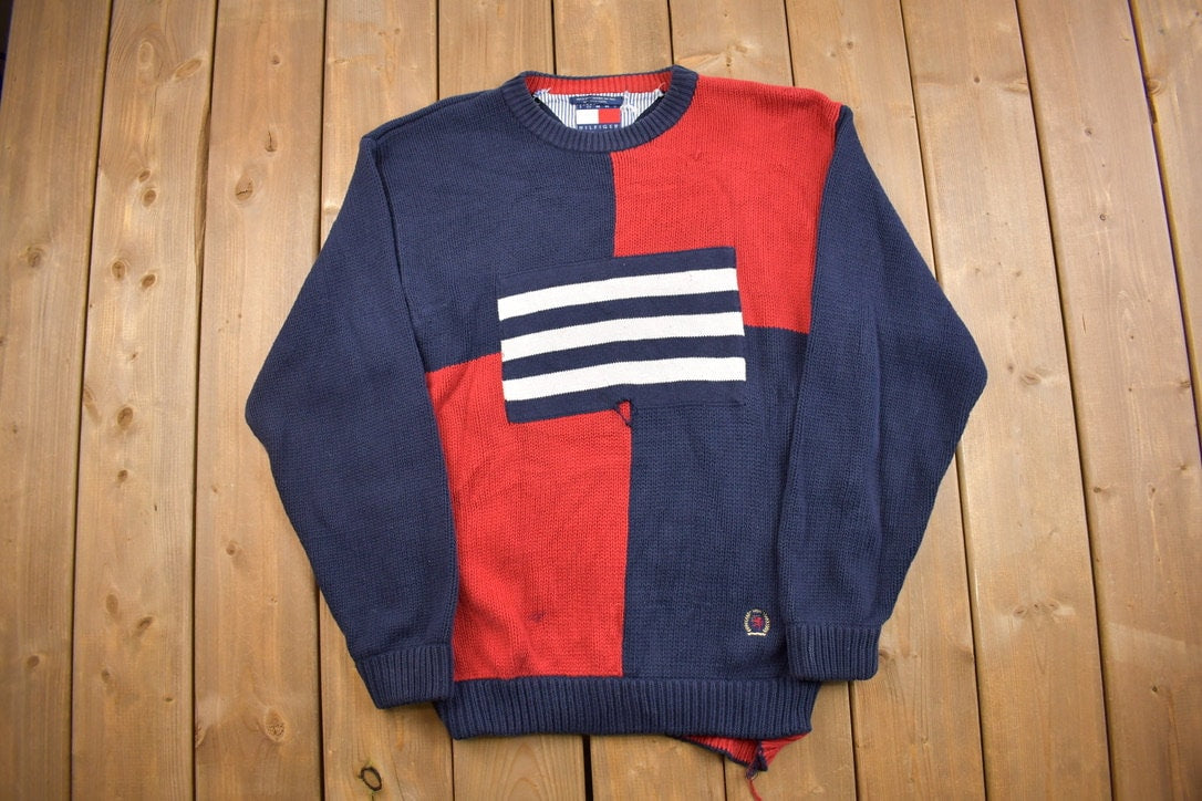 Vintage 1990s Tommy Hilfiger Embroidered Knitted Sweater / Vintage 90s Crewneck / Vintage Tommy / Navy Blue Knit / Flag