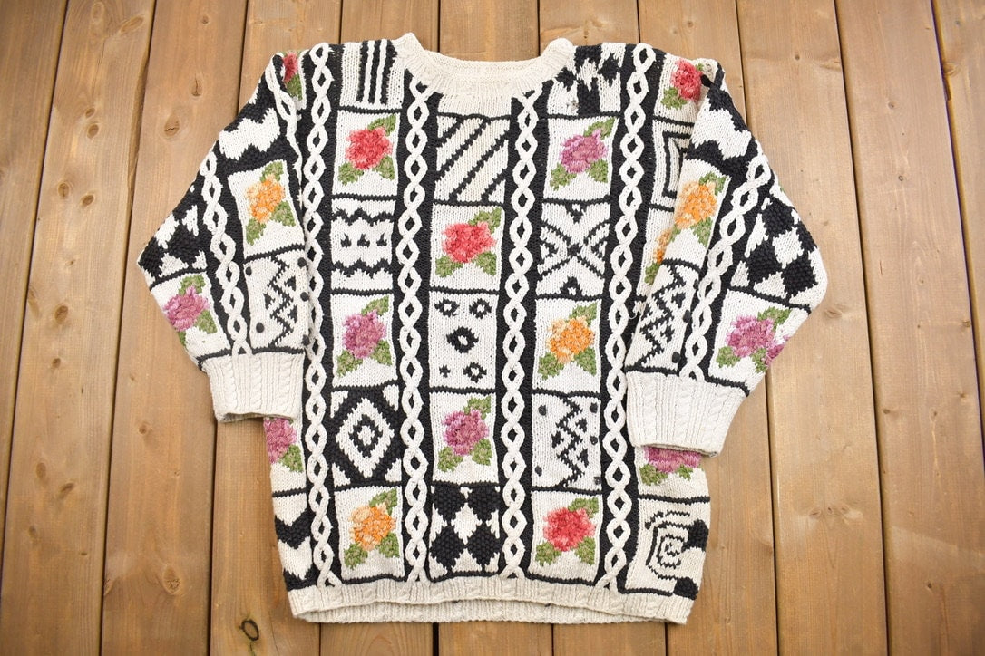 Vintage 1990s Jennifer Reed Knitted Crewneck Sweater / Flowers / 90s / All Over Pattern / Geometric Sweatshirt / Abstract / Hand Knit