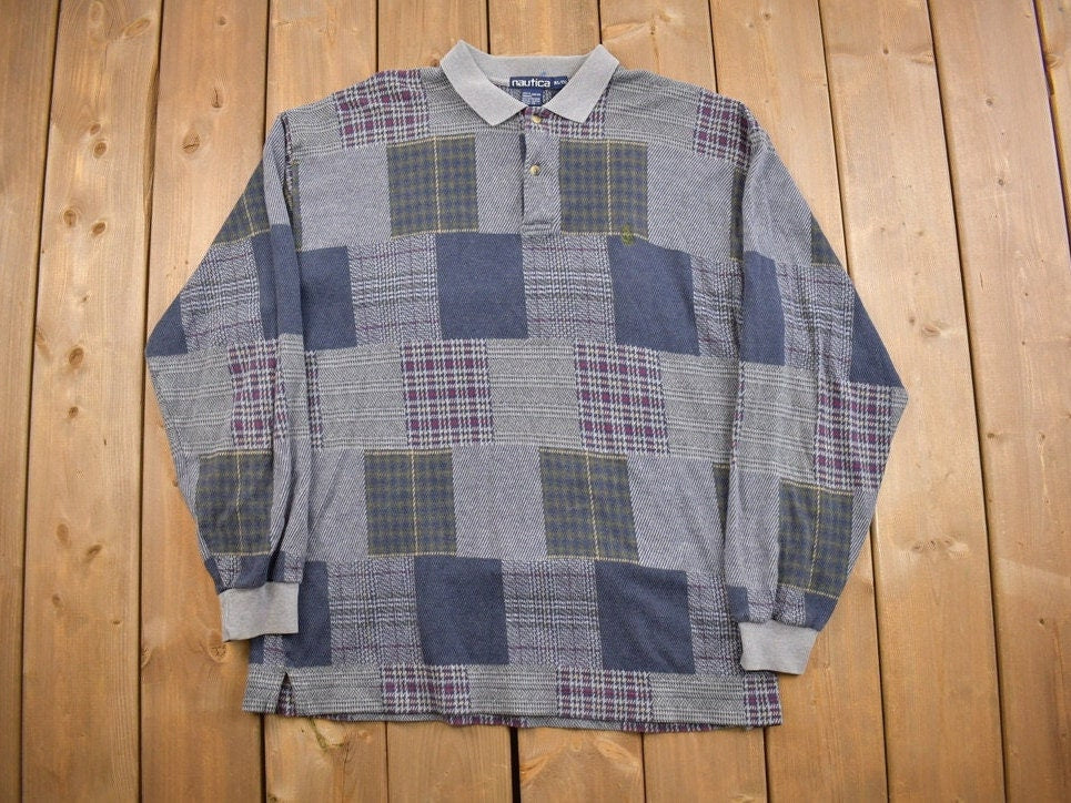 Vintage 1990's Nautica Plaid Rugby Sweatshirt / 90s Nautica / Souvenir / Athleisure / Streetwear / Abstract