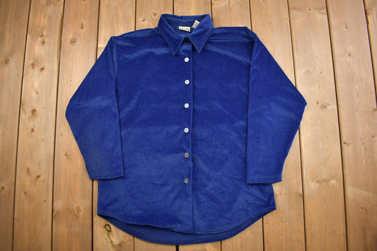 Vintage 1990s Basic Editions Velour Button Up Shirt / 90s Button Up / Vintage Flannel / Solid Flannel / Flannel Jacket / Blue