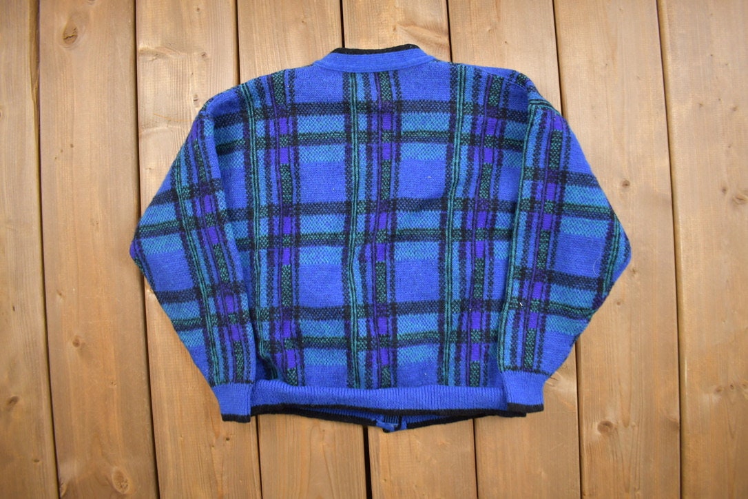 Vintage 1980s Pendleton 100% Pure Wool Plaid Knitted Cardigan / Blue / Made In USA / Button Up / Sweatshirt / Formal