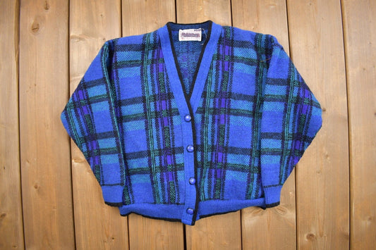 Vintage 1980s Pendleton 100% Pure Wool Plaid Knitted Cardigan / Blue / Made In USA / Button Up / Sweatshirt / Formal