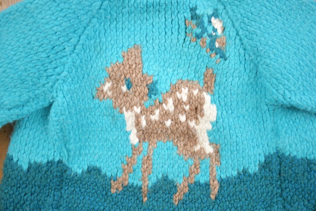 Vintage 1960s Toddler Hand-Knit Deer Fawn Cowichan Sweater / Wool / True Vintage / Outdoorsman / Heavy Weight / Cute / Baby