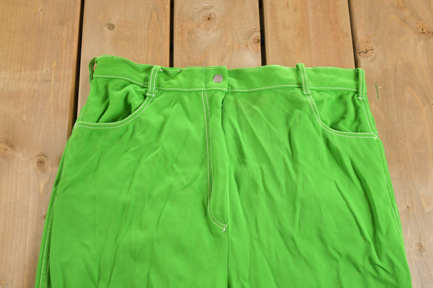 Vintage 1970s Neon Green Flared Trousers Size 32 x 29 / 70s Pants / Contrast Stitching / True Vintage Sears / Slacks / Polyester Trousers