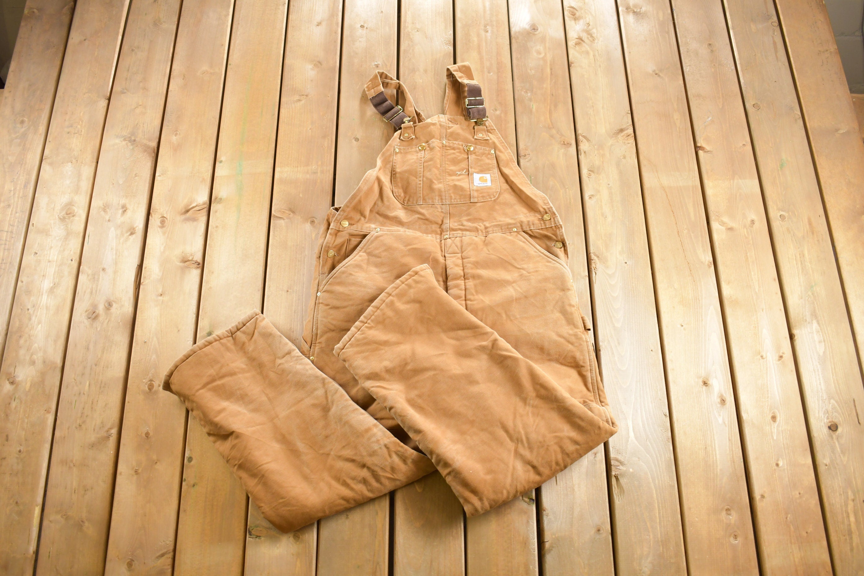 Vintage 1990s Carhartt Beige Double Knee Canvas Quilted Overalls Size 38 x 30.5