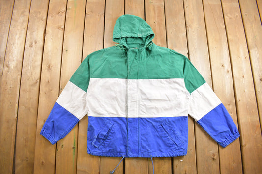 Vintage 1990s Hunt Club Striped Light Jacket / Hooded / Streetwear / Windbreaker / 80s 90s / Color block