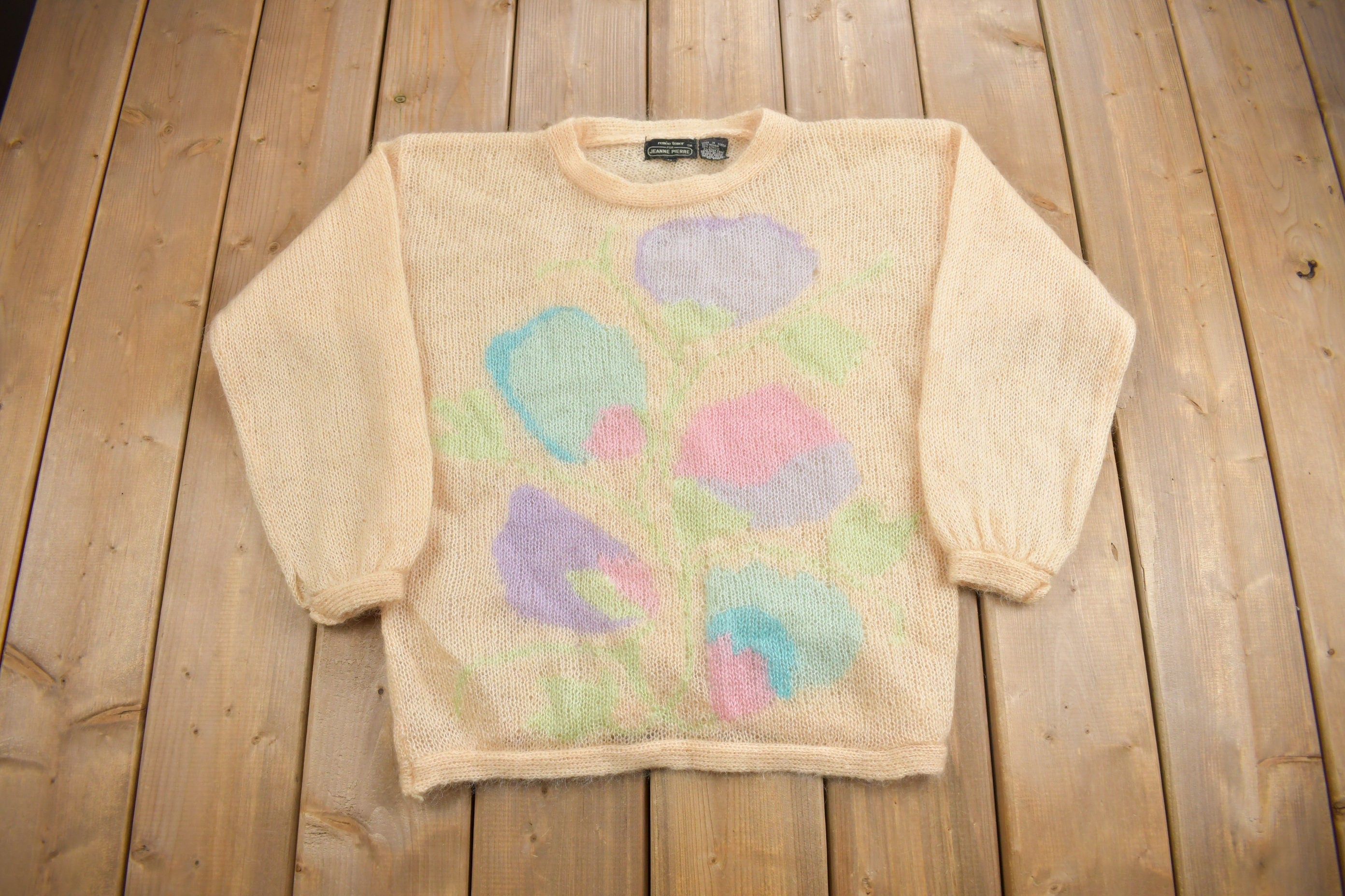 Vintage 1990s Jeanne Pierre Mohair Knit Sweater / Vintage 90s Crewneck /  Pattern Sweater / Abstract Sweater / Vintage Mohair