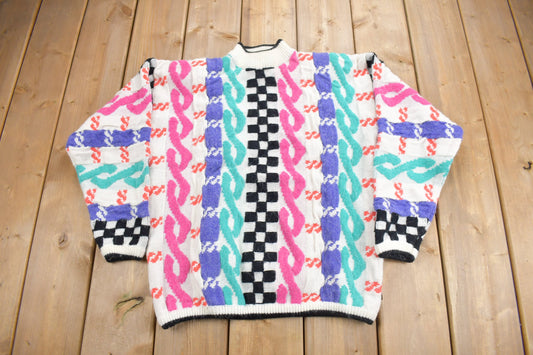 Vintage 1980s Kitty Hawk Knit Mock Neck Sweater / Vintage 80s Cable Knit / All Over Pattern / Colourful Sweatshirt / Abstract Pattern