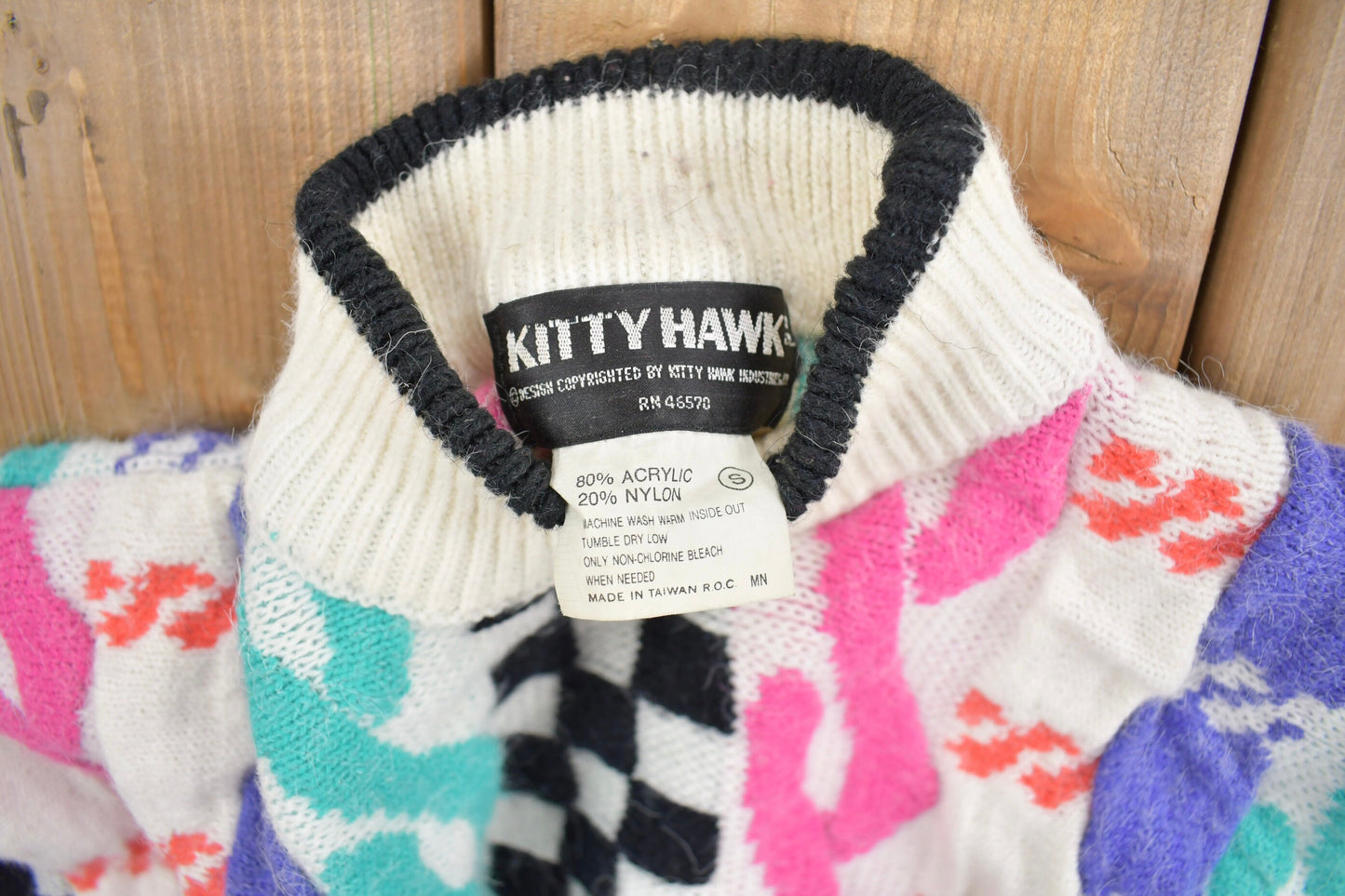 Vintage 1980s Kitty Hawk Knit Mock Neck Sweater / Vintage 80s Cable Knit / All Over Pattern / Colourful Sweatshirt / Abstract Pattern