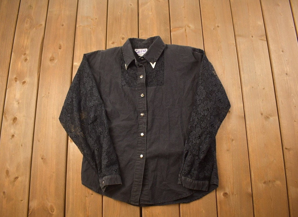 Vintage 1990s Saisa Blank Black Button Up Shirt / 1990s Button Up / Vintage Flannel / Basic Button Up / Made In USA