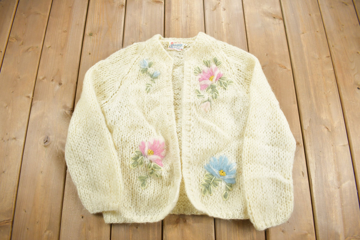 Vintage 1970s Rosanna Mohair Wool Blend Knit Sweater / Vintage 90s Crewneck / Made In Italy / Vintage Knit / Floral Embroidery