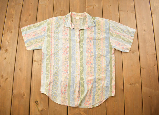 Vintage 1990s Whitney Lang Flowers & Stripes Button Up Shirt / 1990s Button Up / Vintage Flannel / Basic Button Up / All Over Print