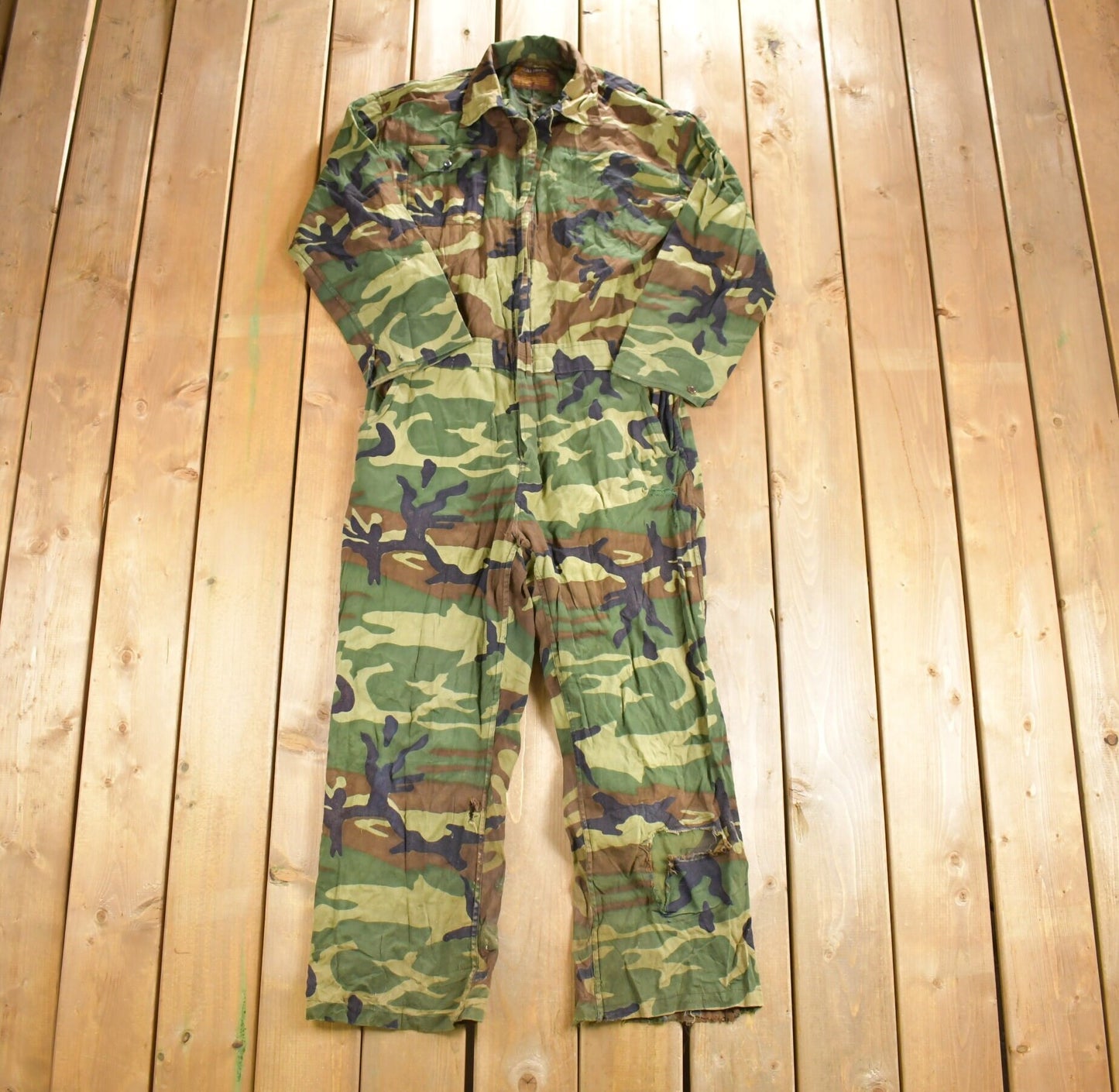 Vintage 1980s Caliber Woodland Camo Jumpsuit / Vintage Coveralls / Distressed Workwear / 80s / Hunting