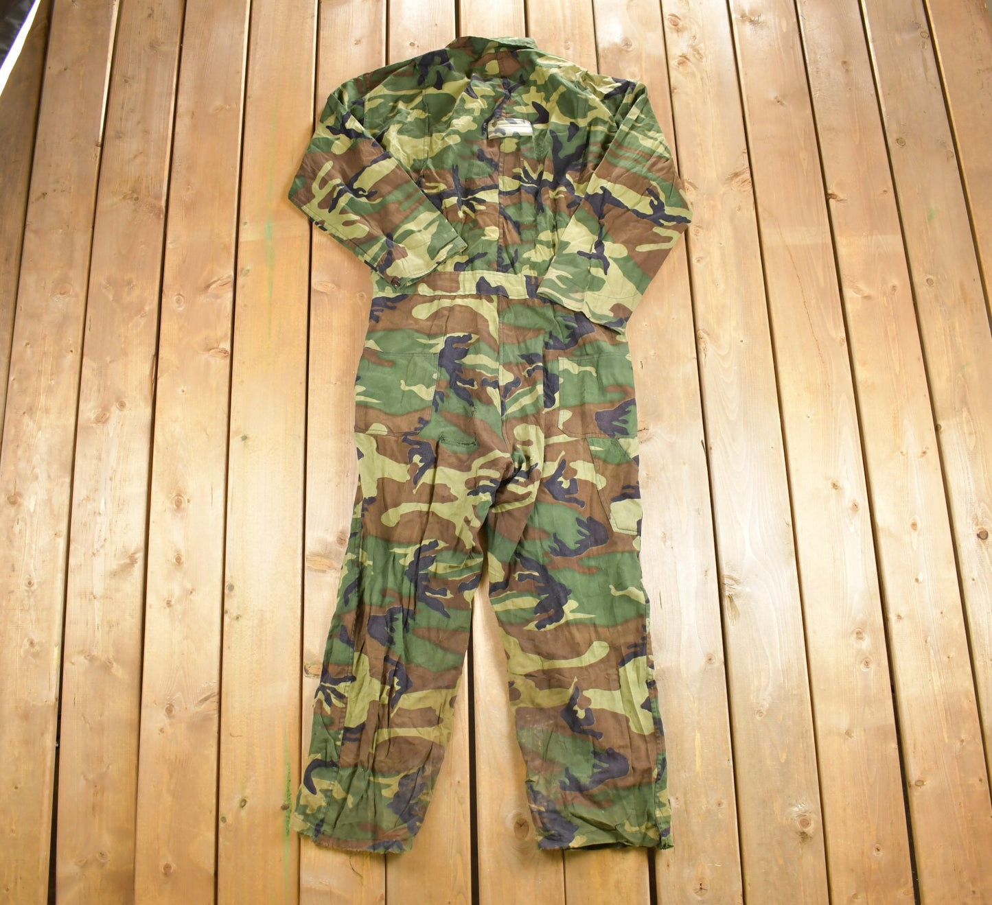 Vintage 1980s Caliber Woodland Camo Jumpsuit / Vintage Coveralls / Distressed Workwear / 80s / Hunting