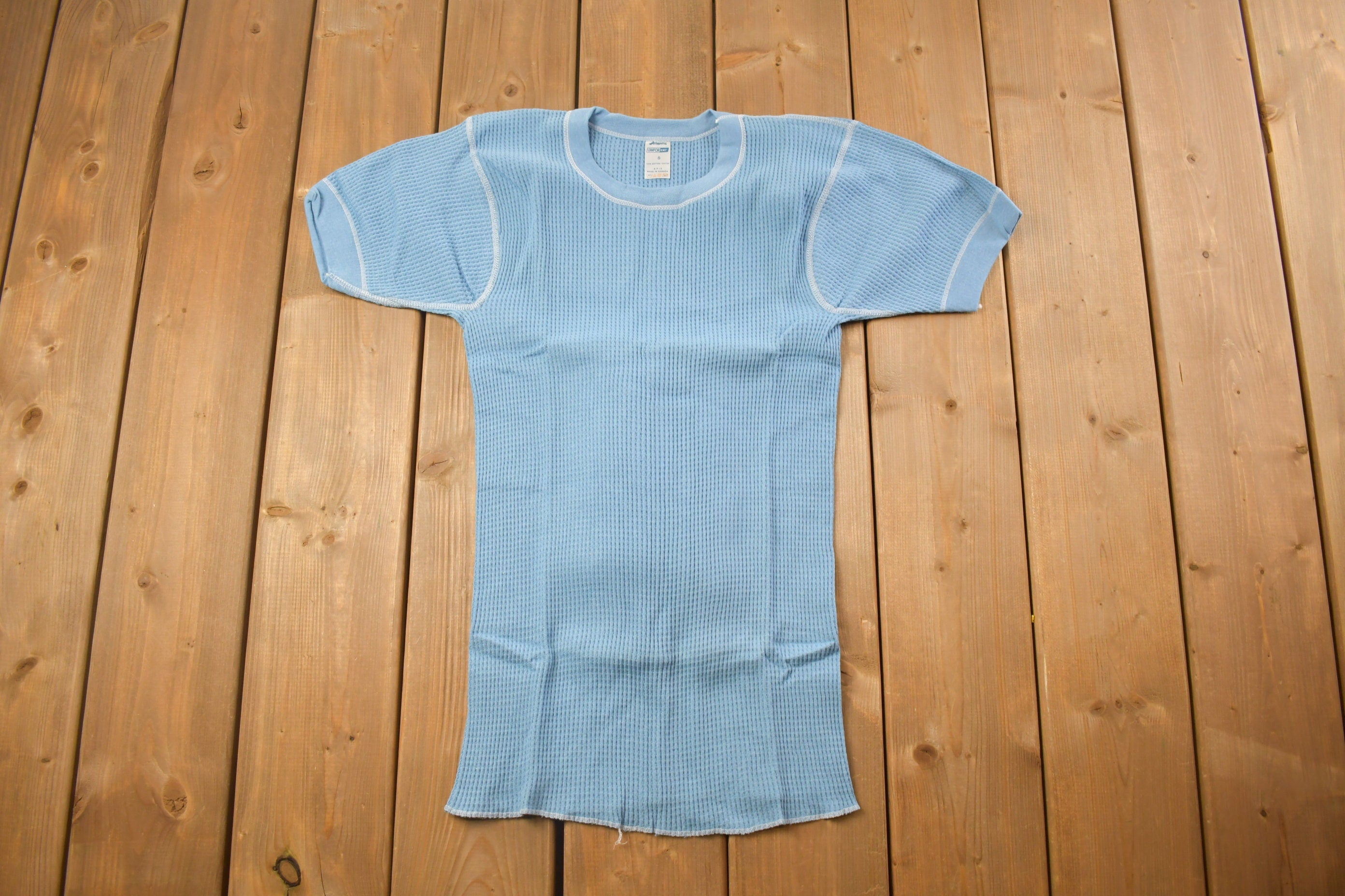 Vintage 1970s Deadstock Atlantic Sanfor Knit Thermal Blue T Shirt