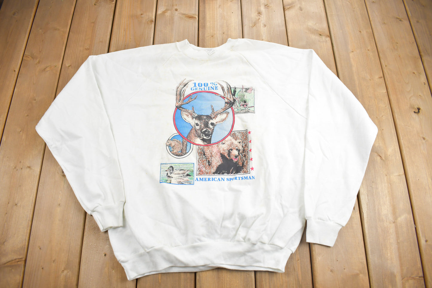 Vintage 1990s 100% Genuine American Sportsman Crewneck / Souvenir / STAINED / Outdoorsman / Wilderness Sweatshirt / Made In USA