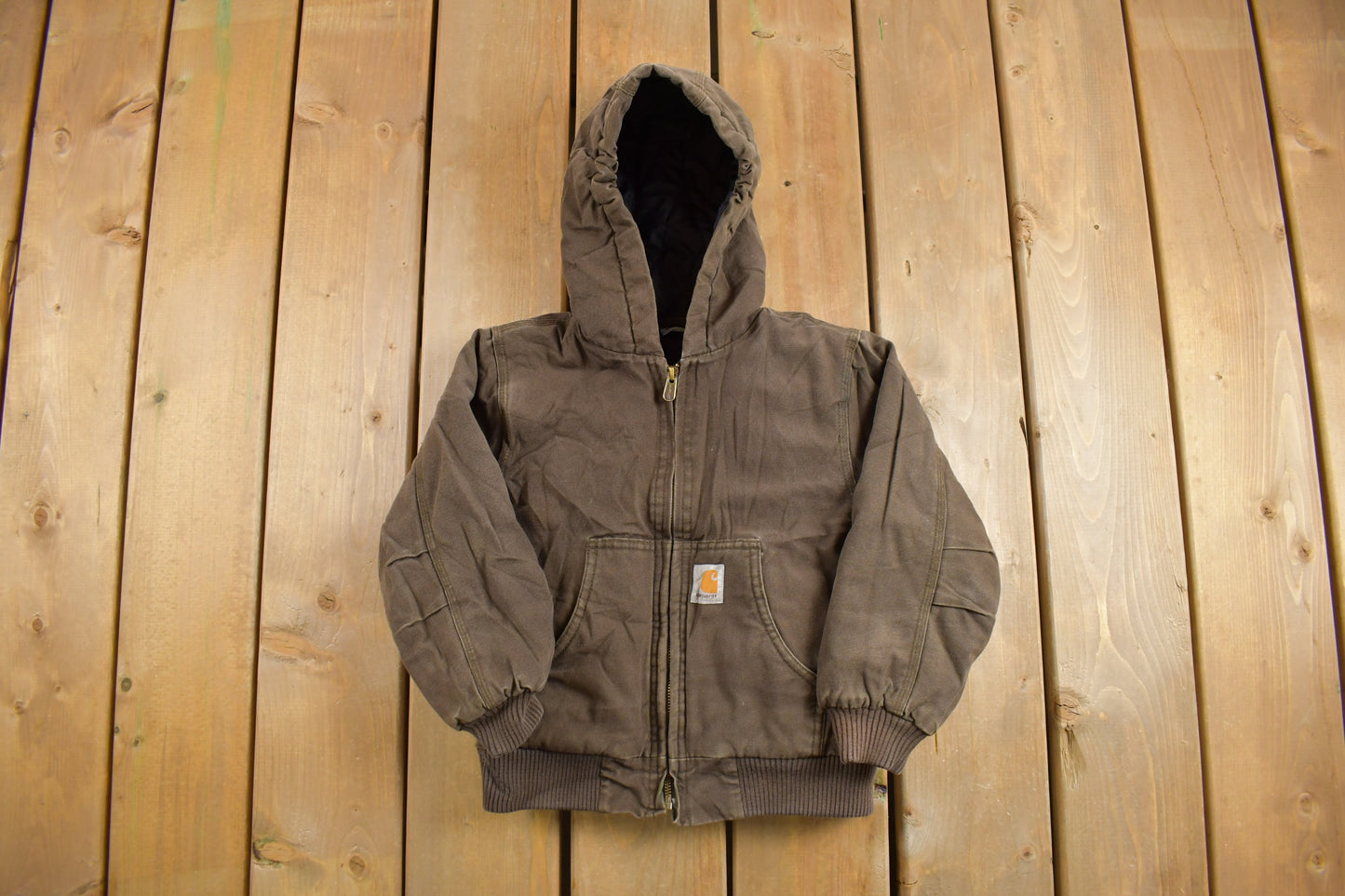 Vintage 1990s Carhartt Youth Size Hooded Work Jacket / Workwear / Streetwear / Brown Jacket / 90s / Distressed Carhartt / Baby Carhartt