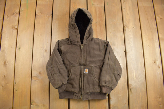 Vintage 1990s Carhartt Youth Size Hooded Work Jacket / Workwear / Streetwear / Brown Jacket / 90s / Distressed Carhartt / Baby Carhartt