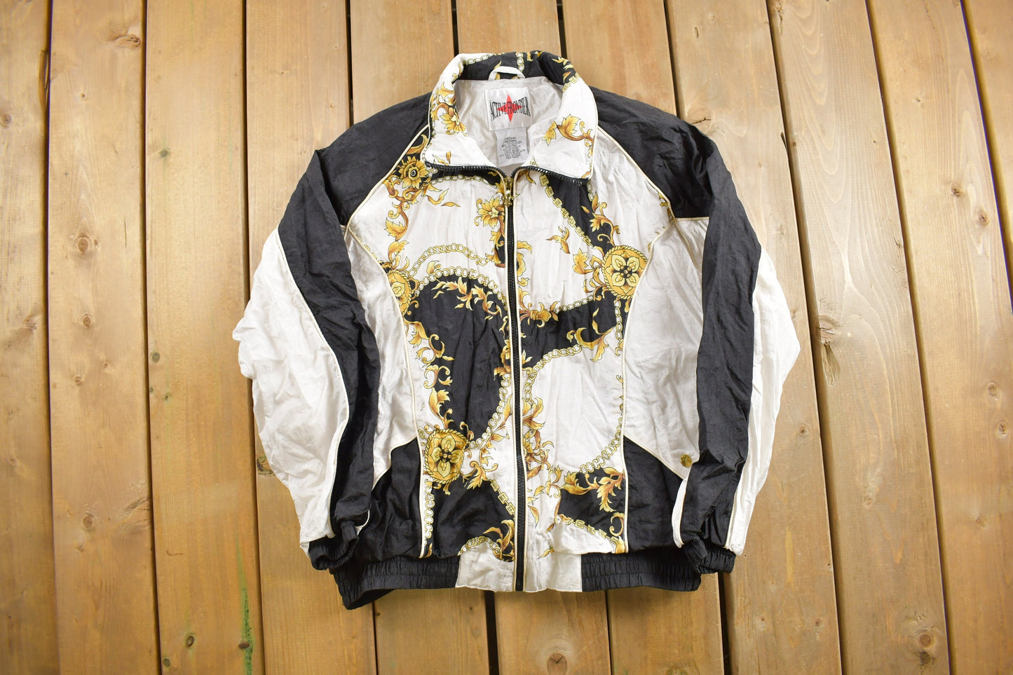 Vintage 1980s Active Frontier Abstract Golden Floral Pattern Windbreaker Jacket / All Over Print / Athletic Spring Sportswear / Streetwear