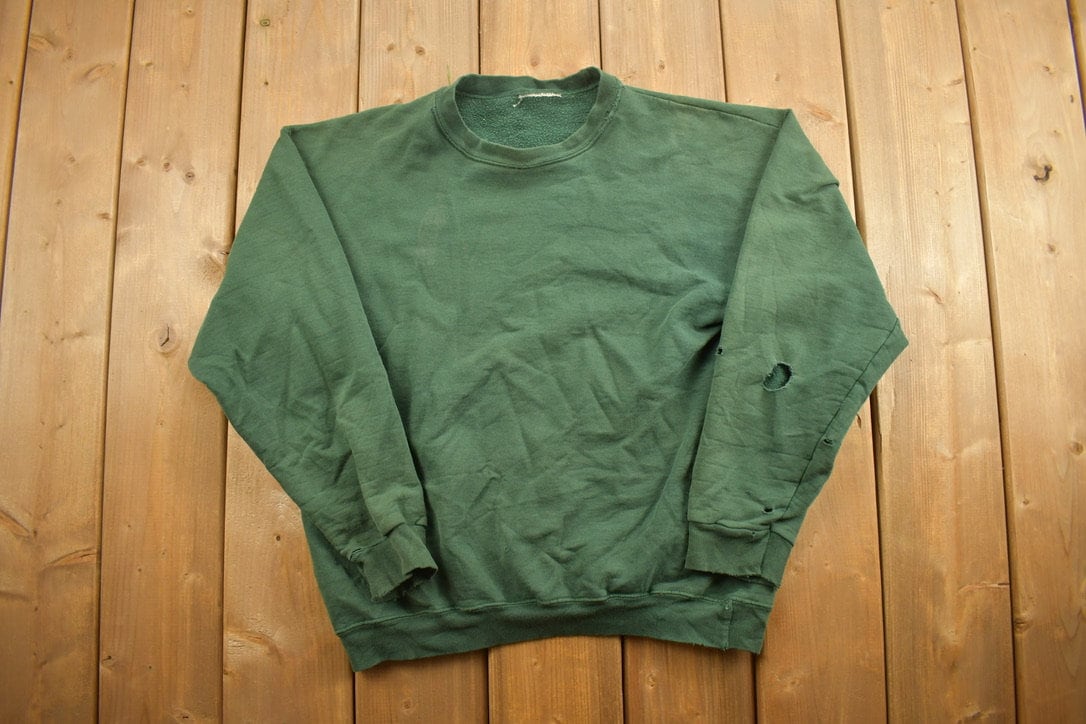 Vintage 1990s Thrashed Blank Green Crewneck Sweatshirt