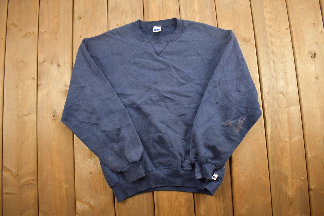 Vintage 1990s Russell Athletics Blank Navy Crewneck Sweatshirt