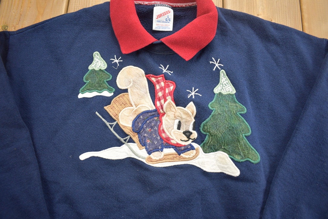 Vintage 1990s Sledding Reindeer Collard Sweatshirt