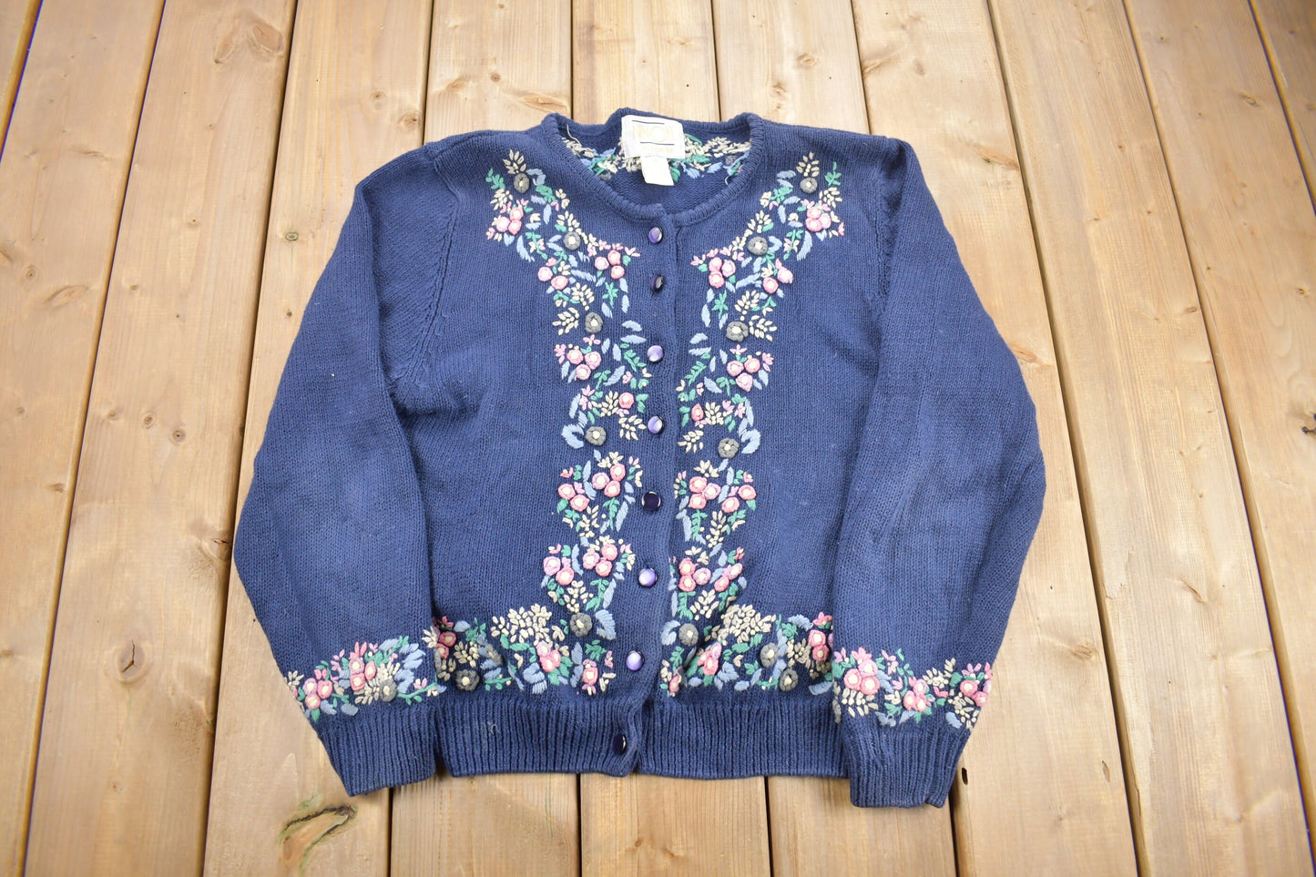 Vintage 1990s Blue Floral Theme Embroidered Knit Cardigan Sweater