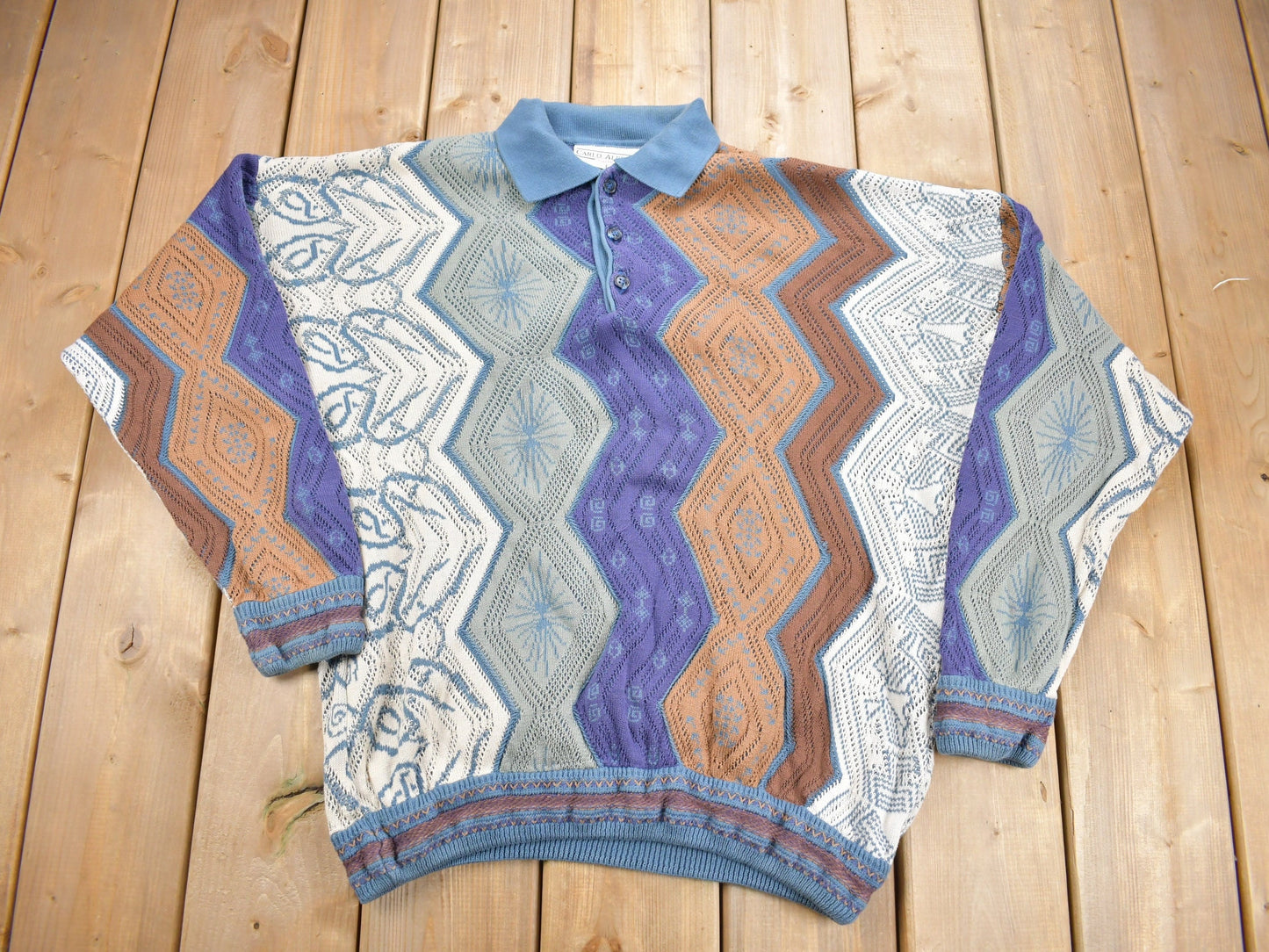 Vintage 1990s Carlo Alberto 3D Coloured Cable Knit Sweater / Vintage Quarter Button / Abstract Patterns /  / Made In Australia