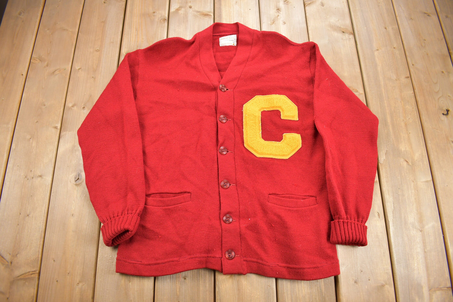 Vintage 1960s Collegiate Knit Cardigan Sweater / Sand-Knit / Vintage Cardigan / C Logo / Patchwork / Made In USA