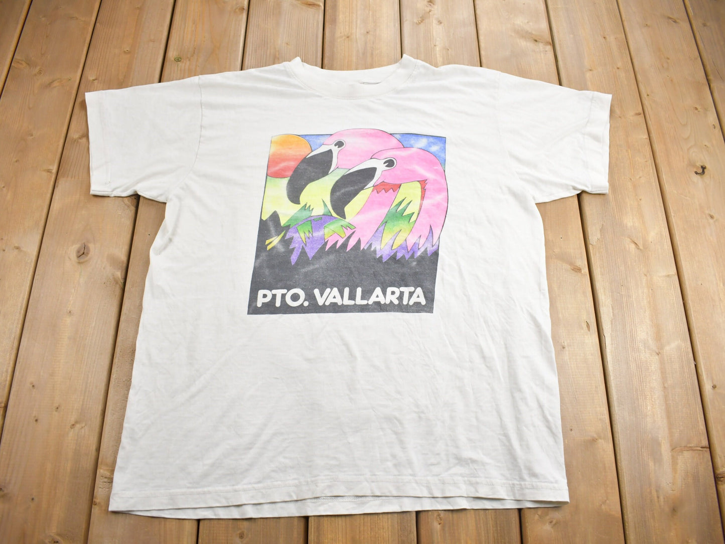 Vintage 1980s PTO Vallarta Flamingo Graphic Souvenir T Shirt / Streetwear / Vacation Tee / Travel T Shirt