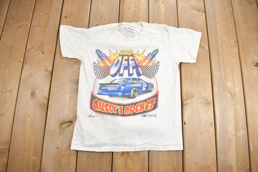 Vintage 1990s Rusty Wallace Dust Off Rusty's Rocket Racing T-Shirt / Single Stitch / Sportswear / Youth Size