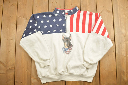 Vintage 1990s American Flag & Dog Themed Quarter Zip Sweatshirt / 90s Crewneck / Made In USA / Streetwear / US Flag / Patriotic