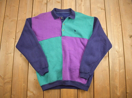 Vintage 1990s Polo Colorful Button Up Collard Sweatshirt / 90s Crewneck / Multi Color / Streetwear / Embroidered / Vintage Polo