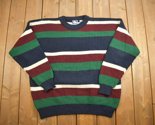 Vintage 1990s Todays News Knitted Striped Crewneck Sweater / Vintage 90s Crewneck / All Over Pattern / Colorful / Sweatshirt / Striped Top