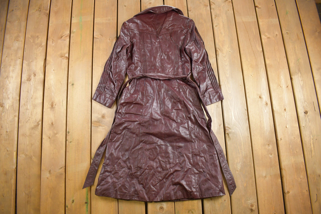 Vintage 1970s Burgundy Leather Trench Coat Fall Skin Flair Outerwear
