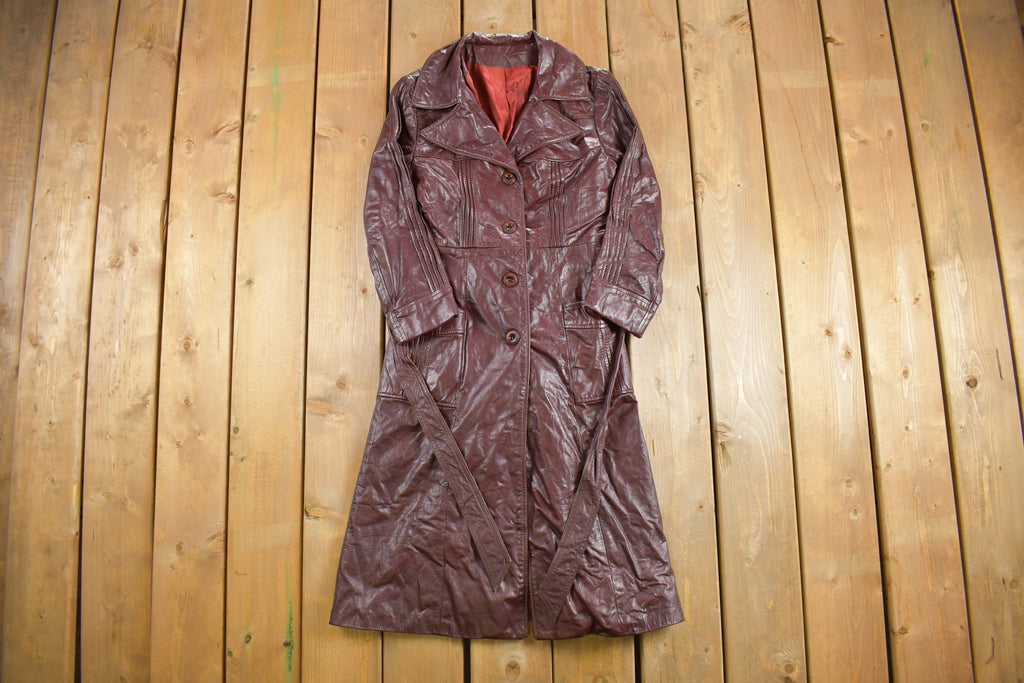 Vintage 1970s Burgundy Leather Trench Coat Fall Skin Flair Outerwear