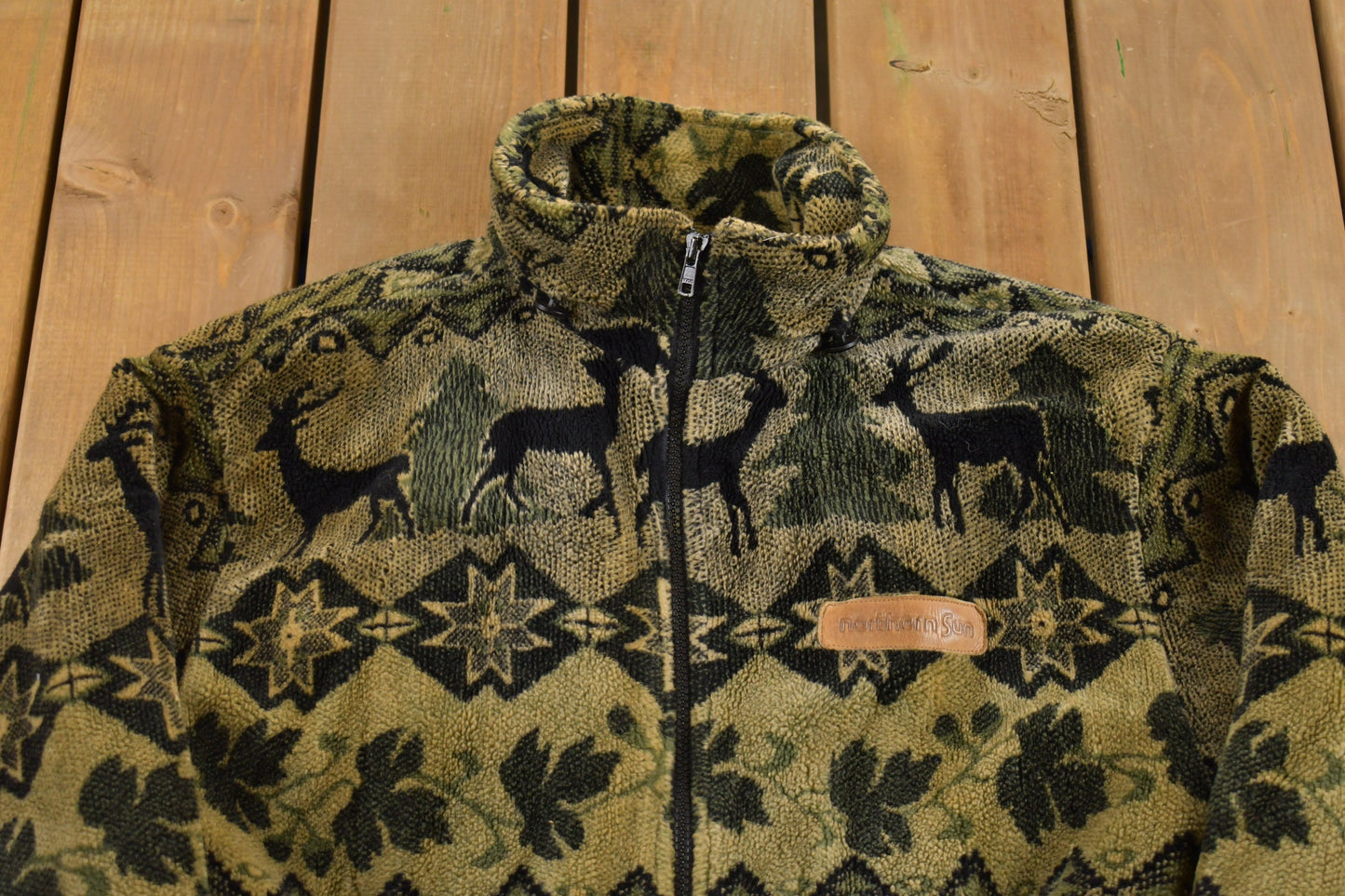 Vintage 1990s Northern Sun Fall Theme Graphic Fleece Sweater / Zip Up / Heavy Sweater / Streetwear / Athleisure / All Over Graphic Pattern