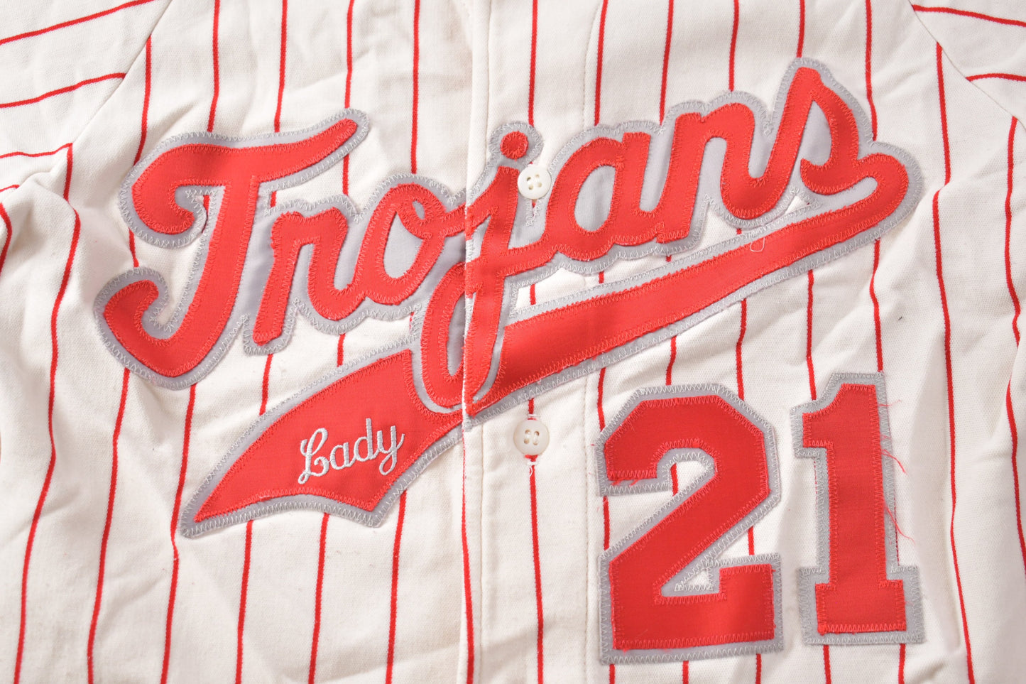 Vintage 1980&#39;s Trojans Baseball Jersey / Vintage Baseball Jersey / Sportswear / Striped Jersey / Red and White / Betlin MFG Co