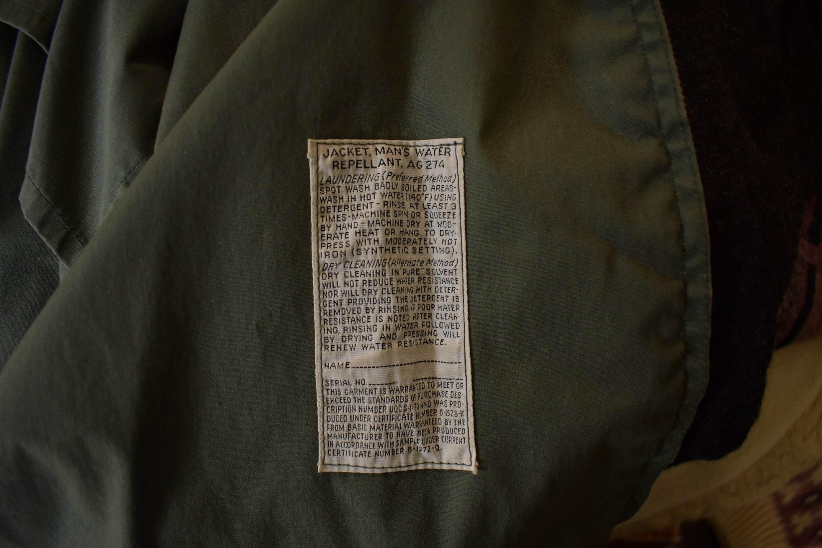 Vintage 1960s AG-274 Military Green Water Repellent Jacket