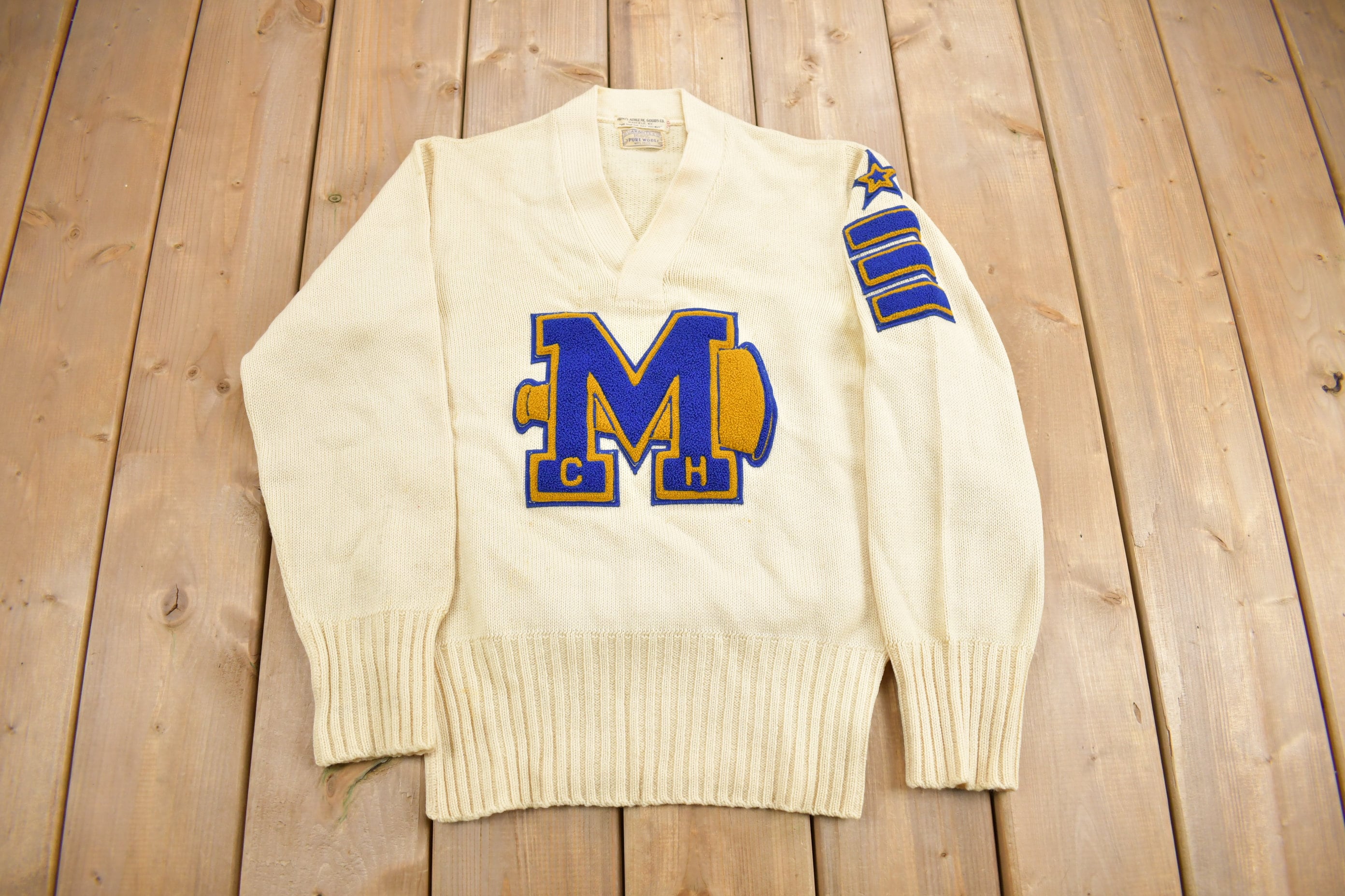 Vintage 1950s 100% Wool Collegiate Varsity Style Knit Sweater "MCH" True Vintage