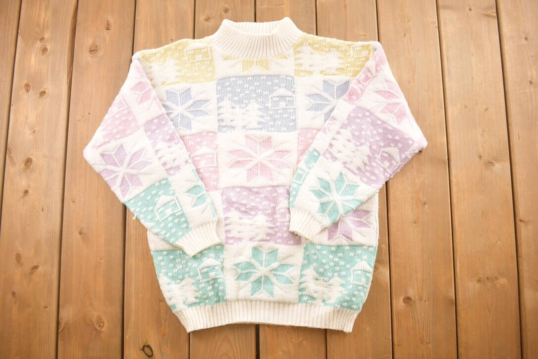 Vintage 1990s Spunky Patchwork Knit Snowflake Sweater